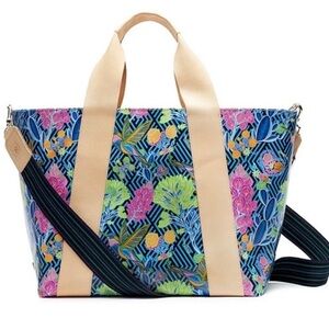 Consuela Floral Blue Multicolor Tote with Tan Handles